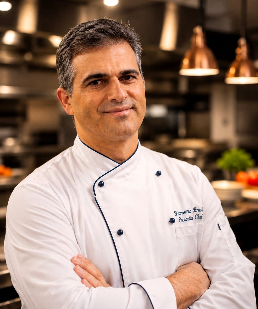 Chef Fernando Brasil of CF Culinary Events, arms crossed in chef's whites embroidered Executive Chef, in a professional kitchen