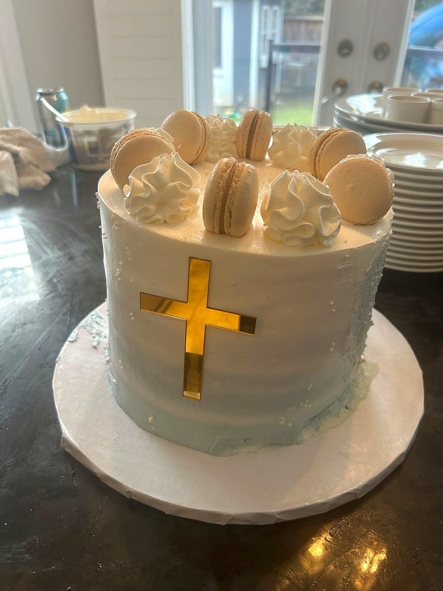 Baptism cake with gold cross and macarons by CF Culinary Events
