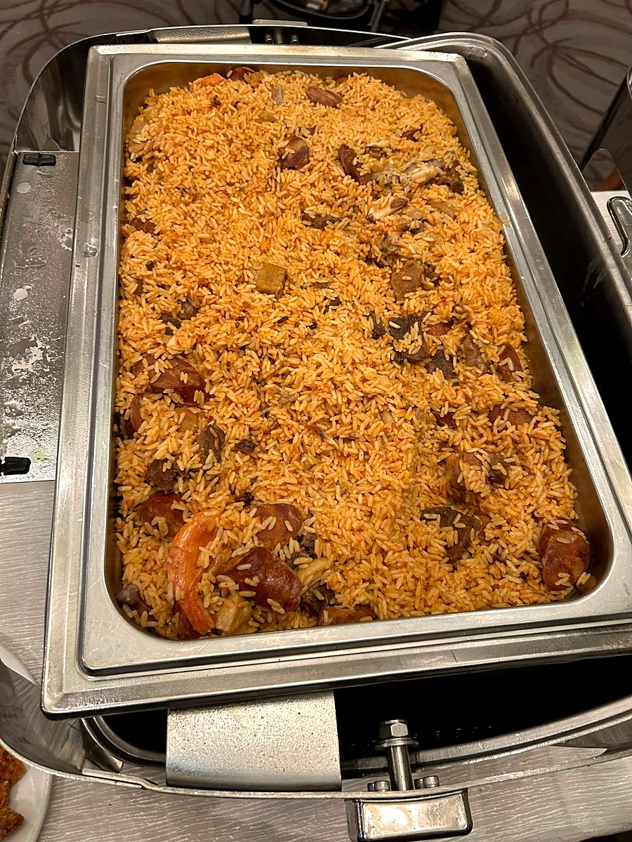 Rice Valenciana in a chafing dish on the buffet line