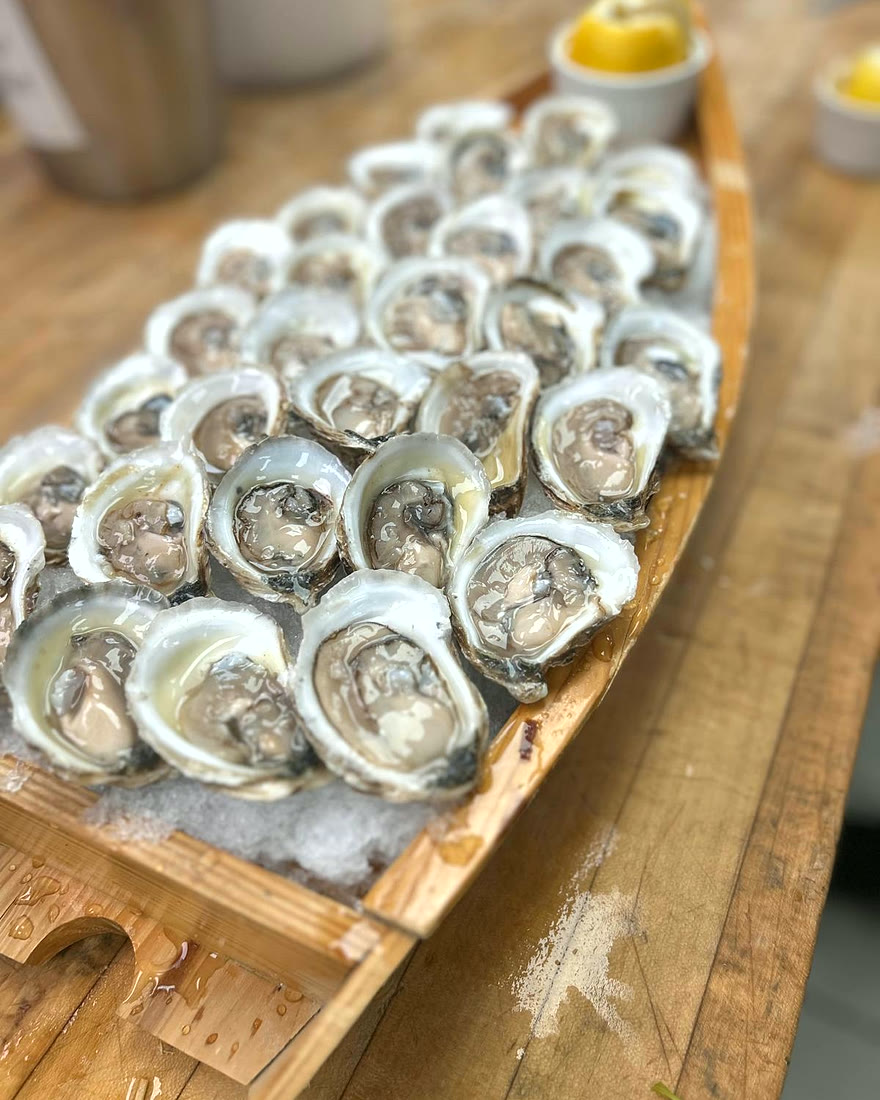 Fresh-shucked oysters on ice in a wooden serving boat by CF Culinary Events