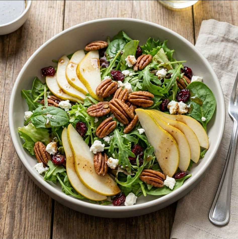 Autumn harvest salad with sliced pear, maple-glazed pecans, cranberries and goat cheese