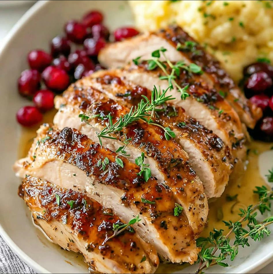 Sliced herb-roasted turkey breast with cranberries and fresh thyme